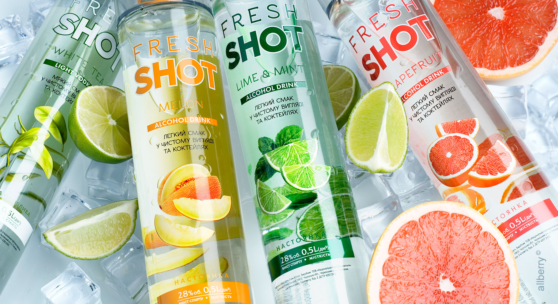 Naming and design for light fruit spirits FRESH SHOT range. 